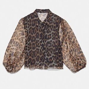 Zara Brown and Black Leopard-Print Sheer Balloon-Sleeve Blouse